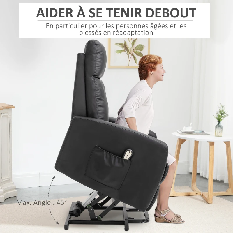 HOMCOM Fauteuil releveur électrique inclinable avec repose-pied ajustable et télécommande revêtement synthétique noir