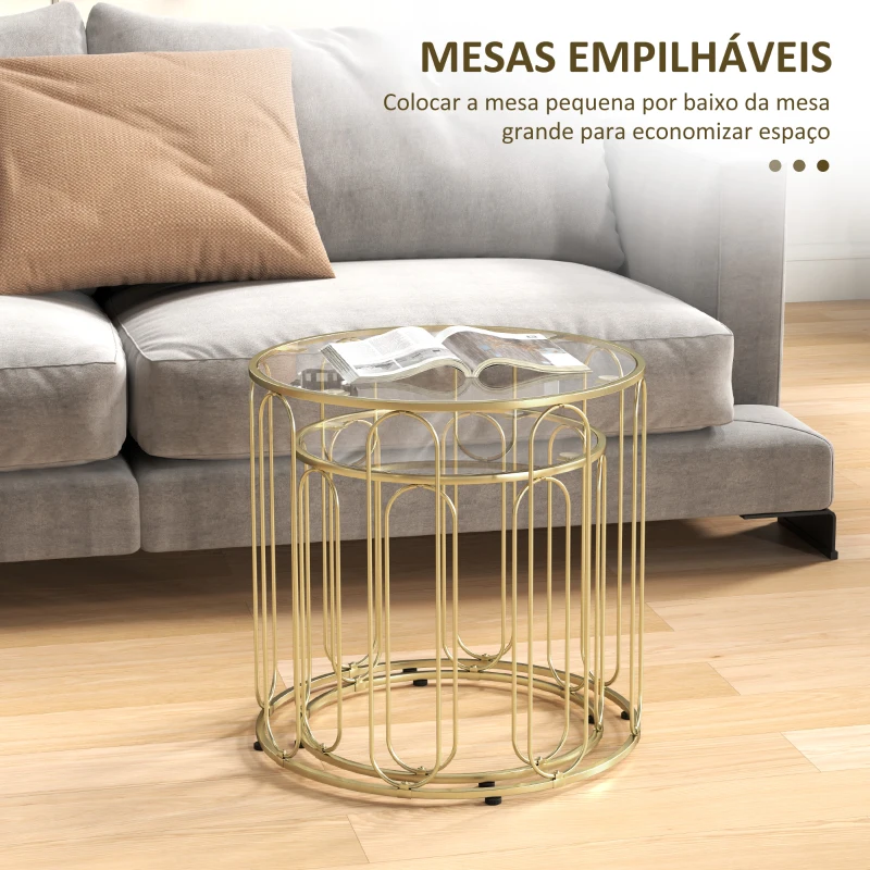 HOMCOM Mesas Auxiliares para Sala de Estar Redondas Conjunto de Mesas Laterais com Estrutura de Metal e Bancada de Vidro Mesas