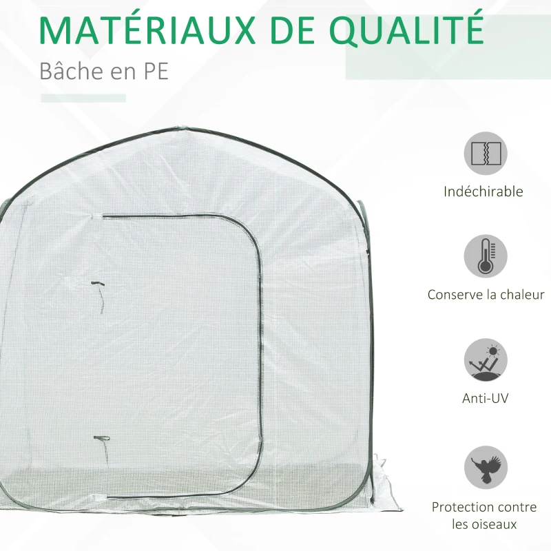 Outsunny Serre de jardin PE, pop-up, serre de balcon, bâche renforcée 140 g/m², châssis en acier, porte zippée enroulable, pour légumes plantes fleurs, intérieur et extérieur, 208x208x195cm, blanc