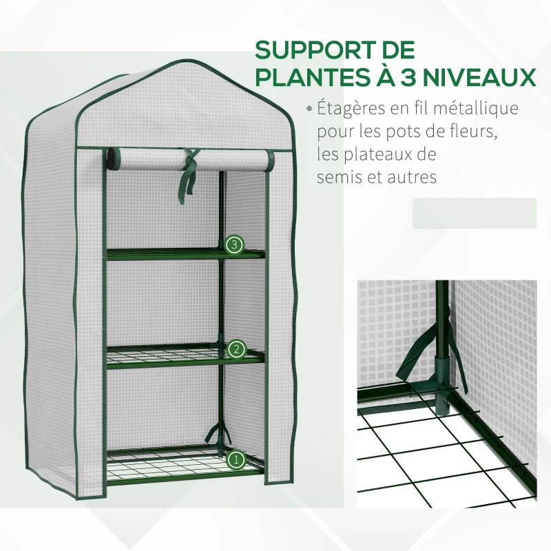 Outsunny Serre de Jardin étagère 3 Niveaux dim. 59L x 39l x 127H cm métal thermolaqué Vert PE Haute densité 140g/m² Blanc