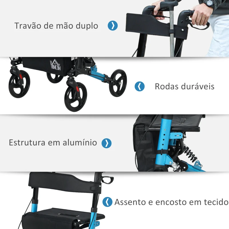 HOMCOM Andarilho Idosos Dobrável de Alumínio com Altura Ajustável Travão e Bolsa de Transporte 66x65x80-93 cm Preto e Azul