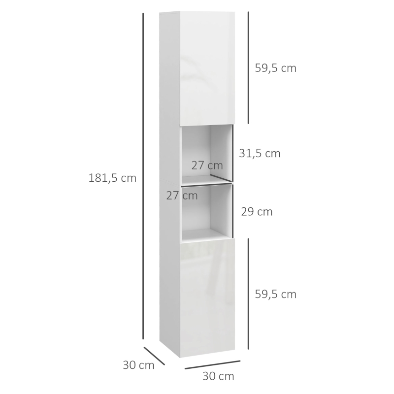 kleankin Meuble colonne de salle de bain 2 placards avec étagères réglables + 2 niches 30 x 30 x 181,5 cm blanc