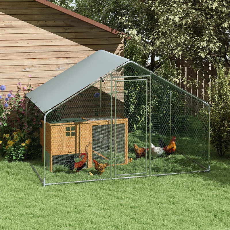 PawHut Galinheiro para Exterior 3x1,7x1,9 cm Galinheiro de Aço Galvanizado com Cobertura Anti UV para 5-8 Galinhas Prata