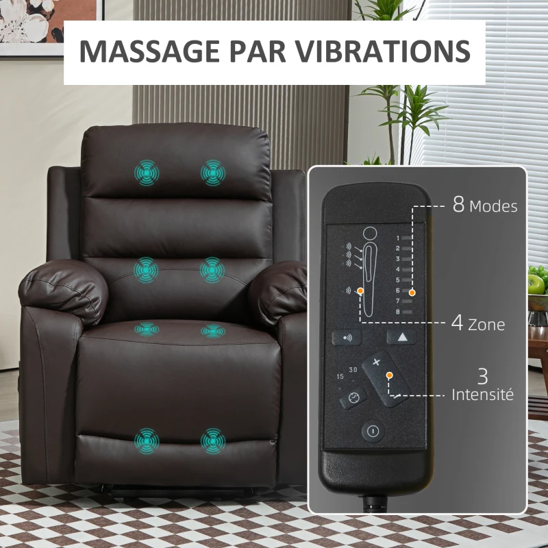 HOMCOM Fauteuil releveur électrique fonction massage inclinaison réglable 8 modes repose-pied ajustable PU 2 télécommandes