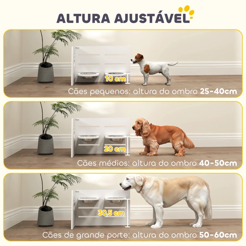 PawHut Comedouro para Cães Elevado com 3 Alturas 2 Tigelas 2x1L e Sistema de Alimentação Lenta 63x58,5x40 cm Branco