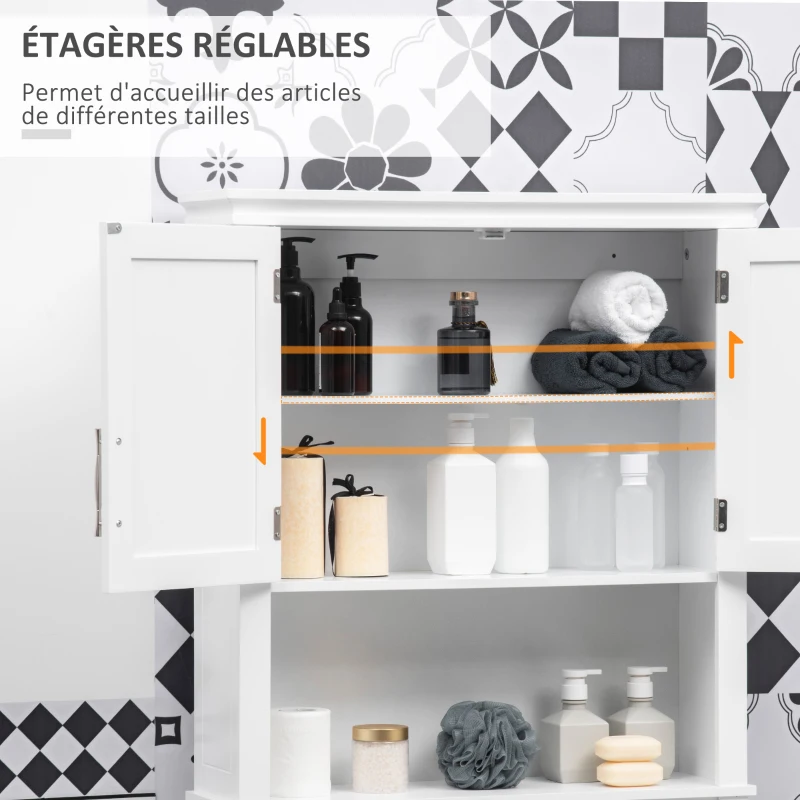 kleankin Meuble WC dessus de toilette avec placard à porte double, étagère réglable et niche, dim. 71 x 20,5 x 165 cm, blanc
