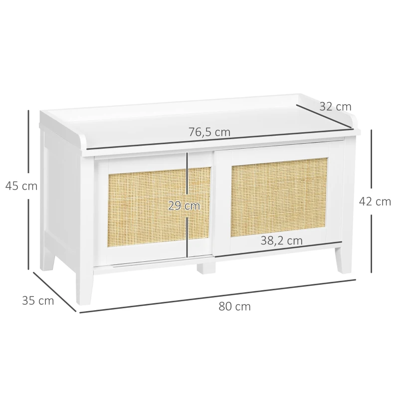 HOMCOM Banc à chaussures meuble de rangement avec porte coulissante et façades rotin tissé 80 x 35 x 45 cm blanc