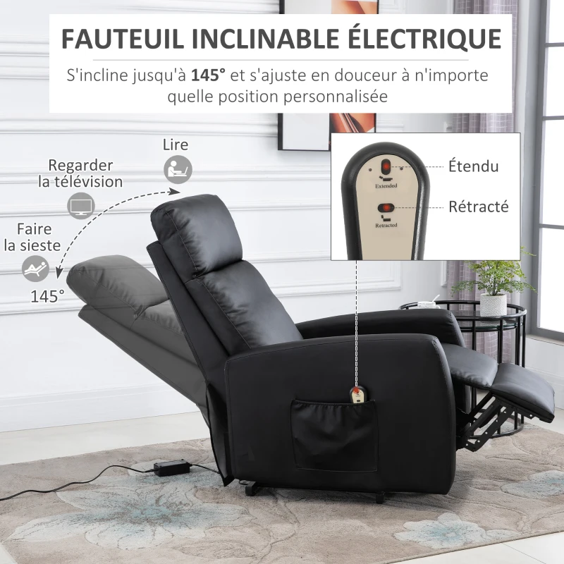 HOMCOM Fauteuil releveur électrique inclinable avec repose-pied ajustable et télécommande revêtement synthétique noir