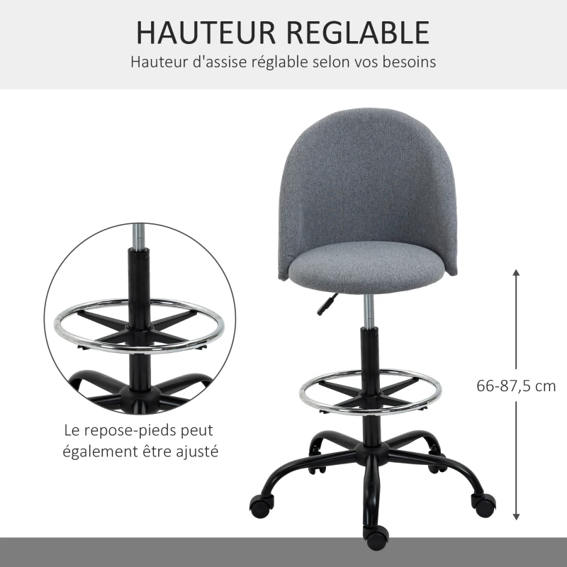 Vinsetto Chaise de bureau assise haute réglable 105-125H cm tabouret de bureau pivotant 360° lin gris