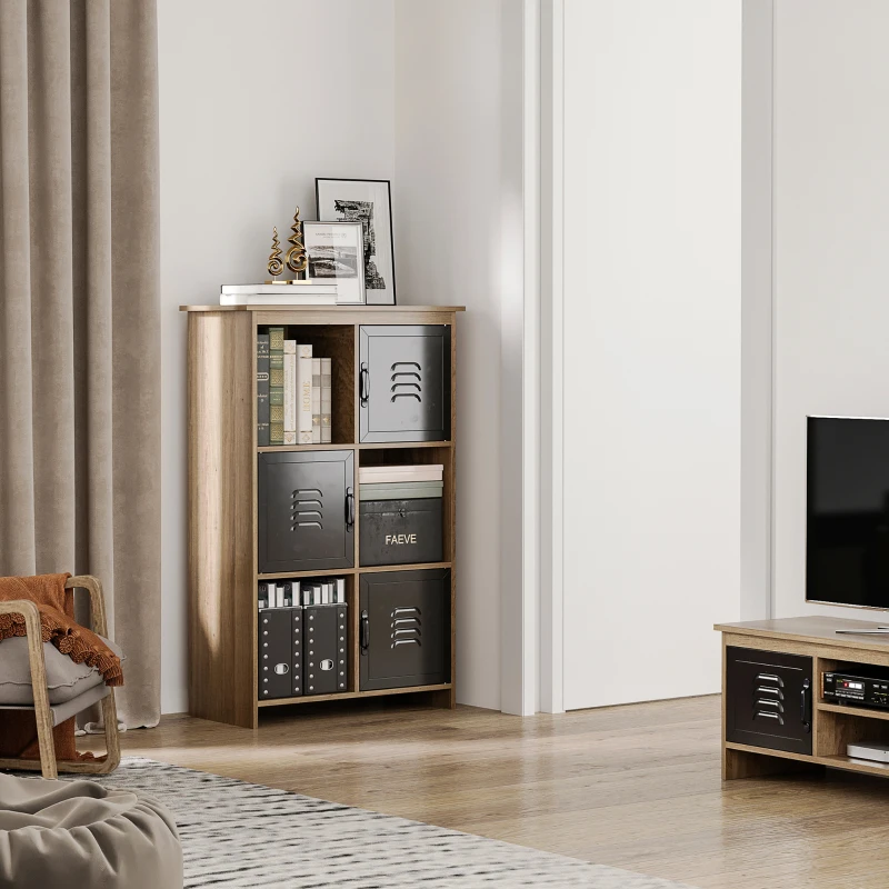 HOMCOM Bibliothèque Design Industriel - Meuble de Rangement 3 niches 3 casiers - Aspect Bois avec Portes en métal Noir