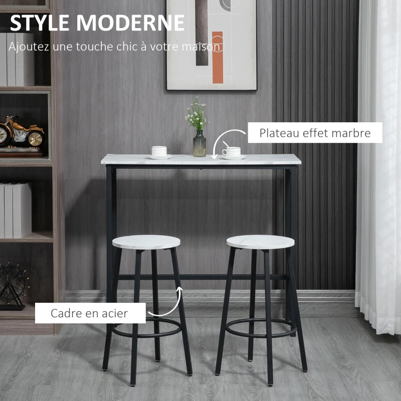 HOMCOM Ensemble table de bar + 2 tabourets structure en acier plateau aspect marbre 2 personnes blanc