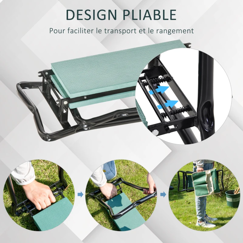 Outsunny Tabouret de Jardin Pliable agenouilloir de Jardin siège Jardinage avec Coussin Pochette Rangement Outils Vert