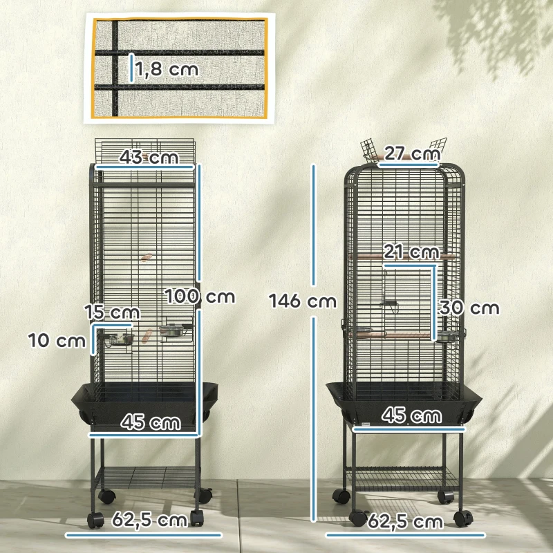 PawHut Gaiola para Pássaros com Rodas Poleiros Comedouros Prateleira e Bandeja Amovível 62,5x62,5x146 cm Cinza Escuro