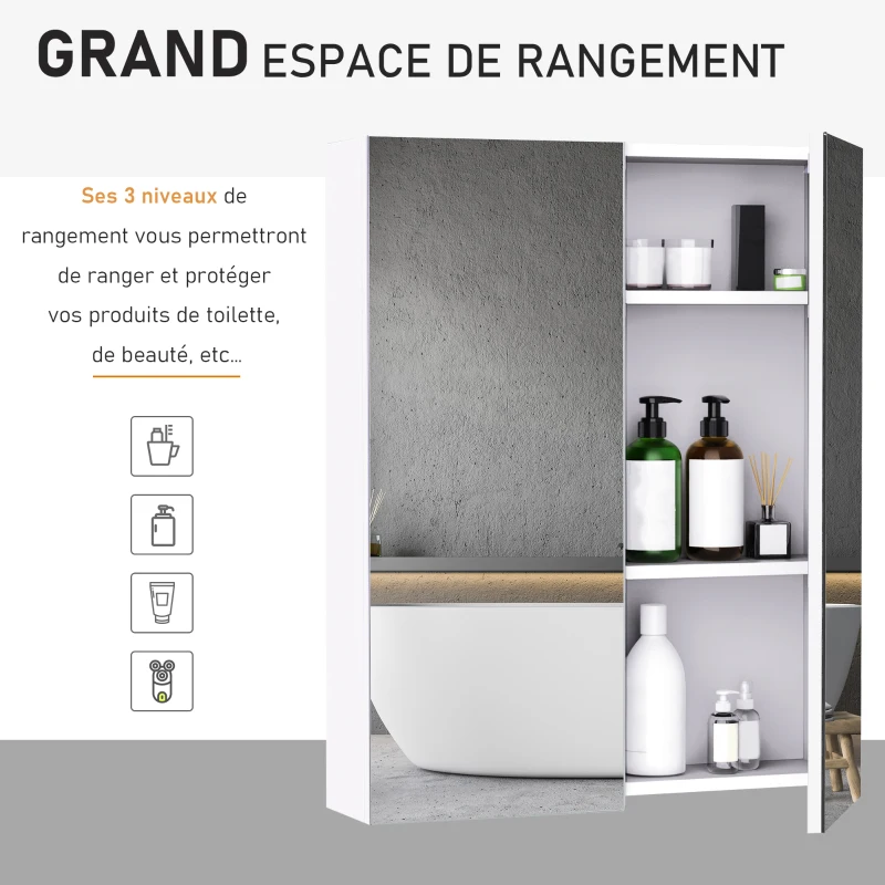 HOMCOM Armoire avec Miroir en Bois Rangement Salle de Bain Fermeture Porte Tampon MDF