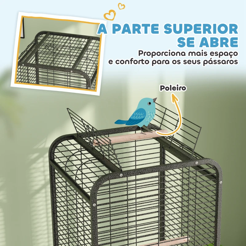 PawHut Gaiola para Pássaros com Rodas Poleiros Comedouros Prateleira e Bandeja Amovível 62,5x62,5x146 cm Cinza Escuro