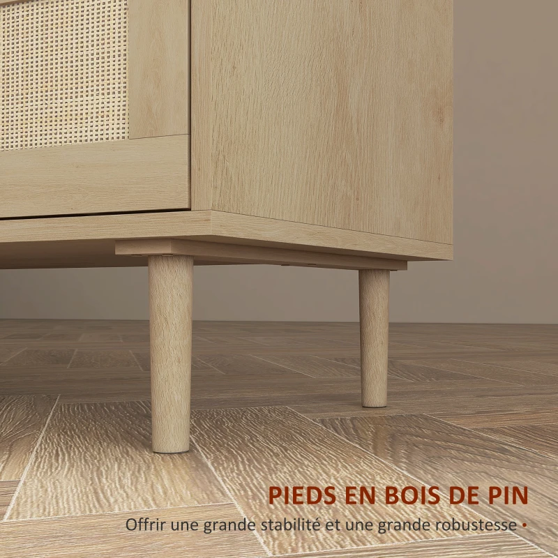 HOMCOM Commode 6 tiroirs meuble de rangement avec tissage en rotin dim. 110L x 40l x 75H cm Aspect Bois Clair