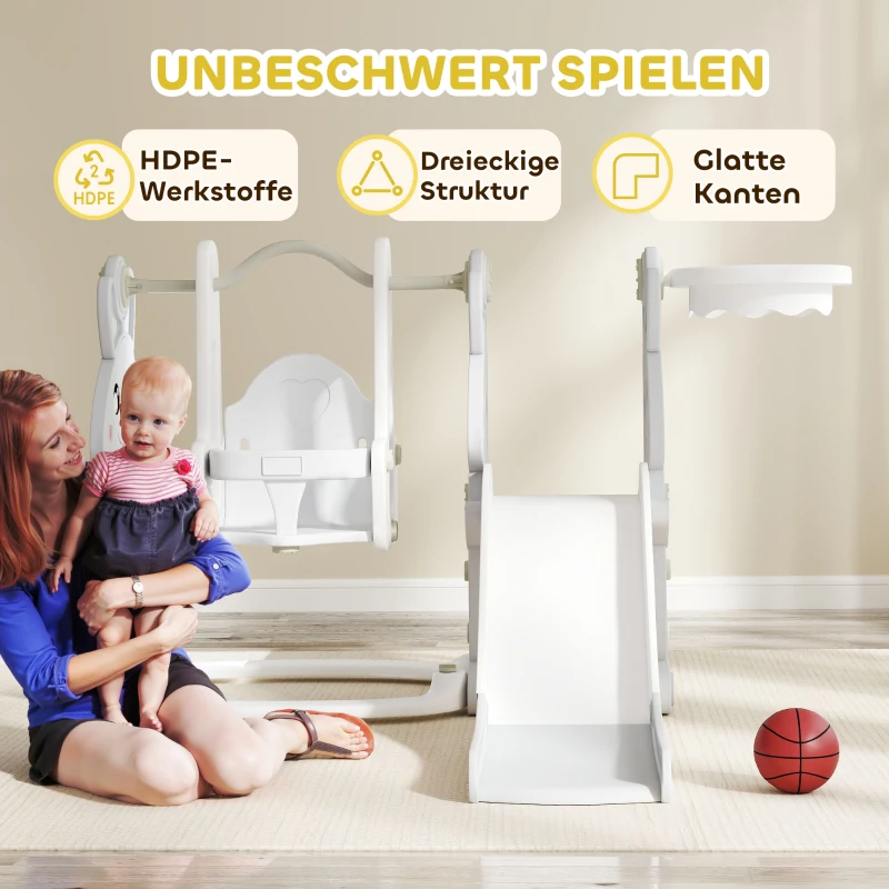 AIYAPLAY 4-in-1 Peuterspeelset, Glijbaan, Schommel, Klimrek, Basketbalring, Kunststof, Konijnendesign, Grijs