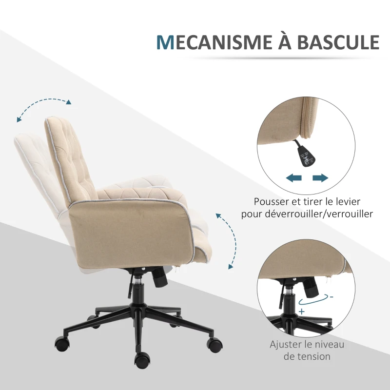 HOMCOM Fauteuil de bureau chaise de bureau hauteur réglable roulettes pivotant 360° tissu chanvre 69L x 66l x 89,5-97H cm beige