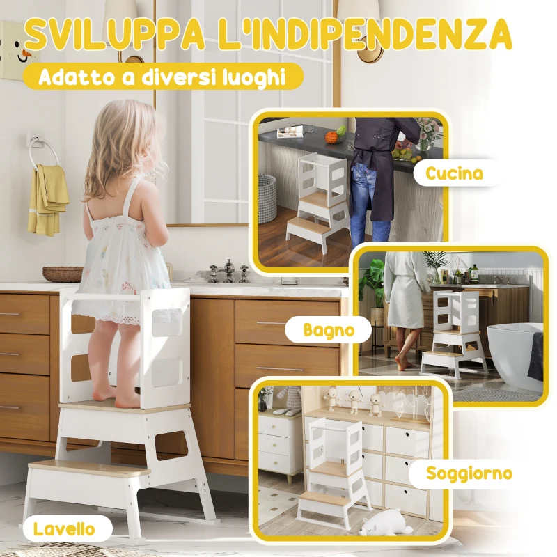 AIYAPLAY Torre Montessoriana per Bambini con Lavagna e Ringhiera, in Legno, 55x52.5x87.5 cm, Bianco e color Legno