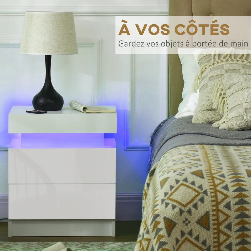 HOMCOM Table de chevet table de nuit lumière LED RVB panneau haute brillance avec 2 tiroirs pour salon chambre à coucher blanc