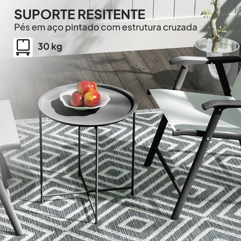 Outsunny Mesa Auxiliar Redonda Mesa de Jardim com Bandeja Amovível Pés Dobráveis Mesa para Exterior Pátio Ø46x50 cm Preto