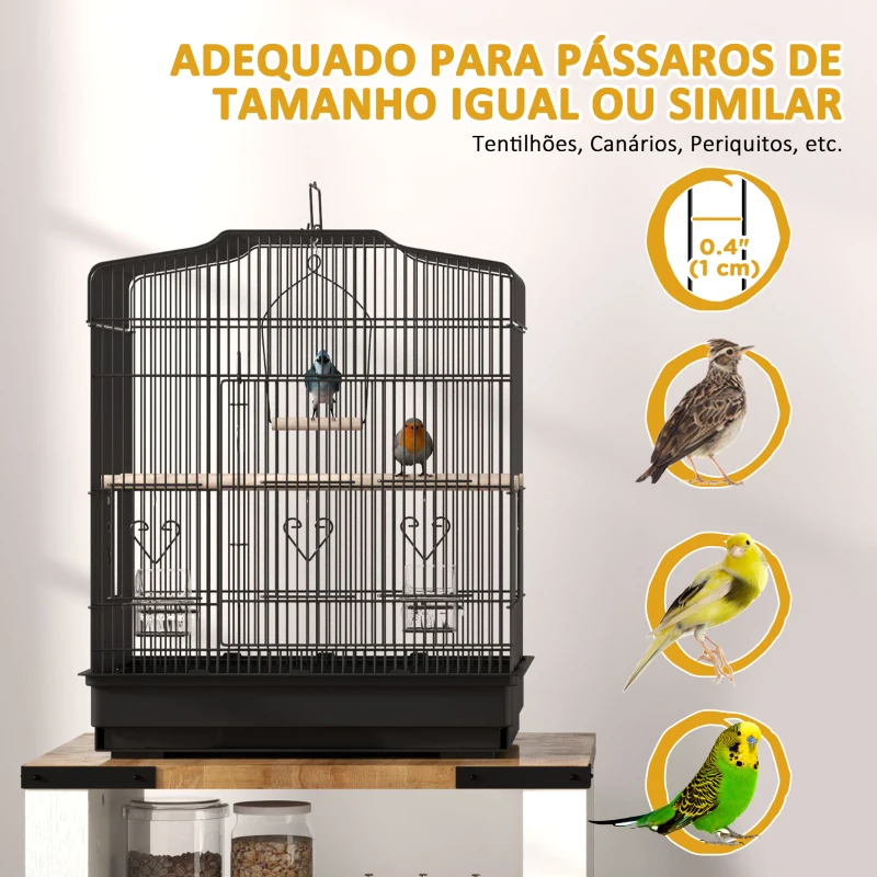 PawHut Gaiola para Pássaros 46,5x36x59 cm Gaiola de Metal para Pássaros com 2 Comedouros 2 Poleiros Baloiço Bandeja Amovível Preto