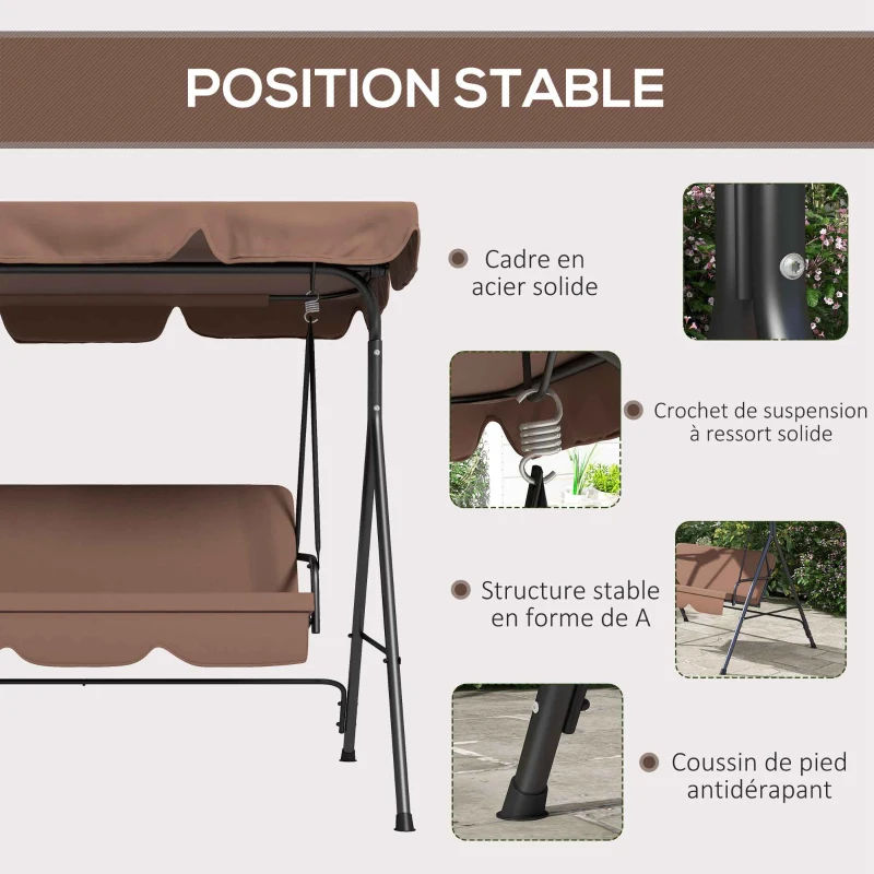 Outsunny Balancelle de jardin 3 places toit inclinaison réglable coussins 172 x 110 x 153 cm acier noir polyester marron