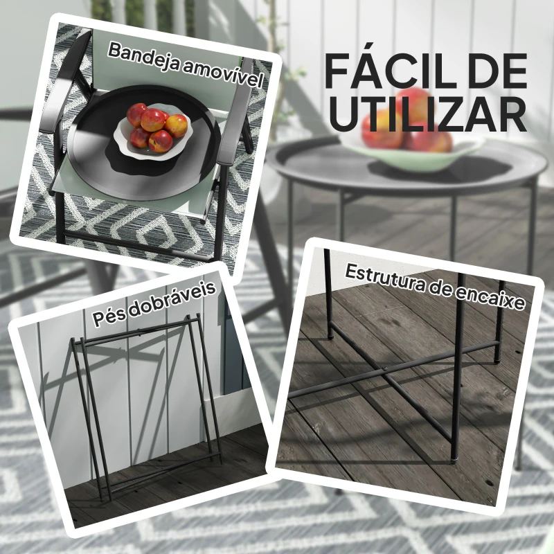 Outsunny Mesa Auxiliar Redonda Mesa de Jardim com Bandeja Amovível Pés Dobráveis Mesa para Exterior Pátio Ø46x50 cm Preto