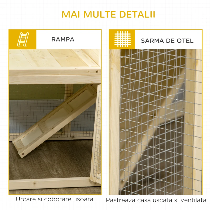 PawHut Cotet din molid cu tava detasabila, 3 usi si zona exterioara, 151,5x106x97 cm, culoare lemn(m-7)