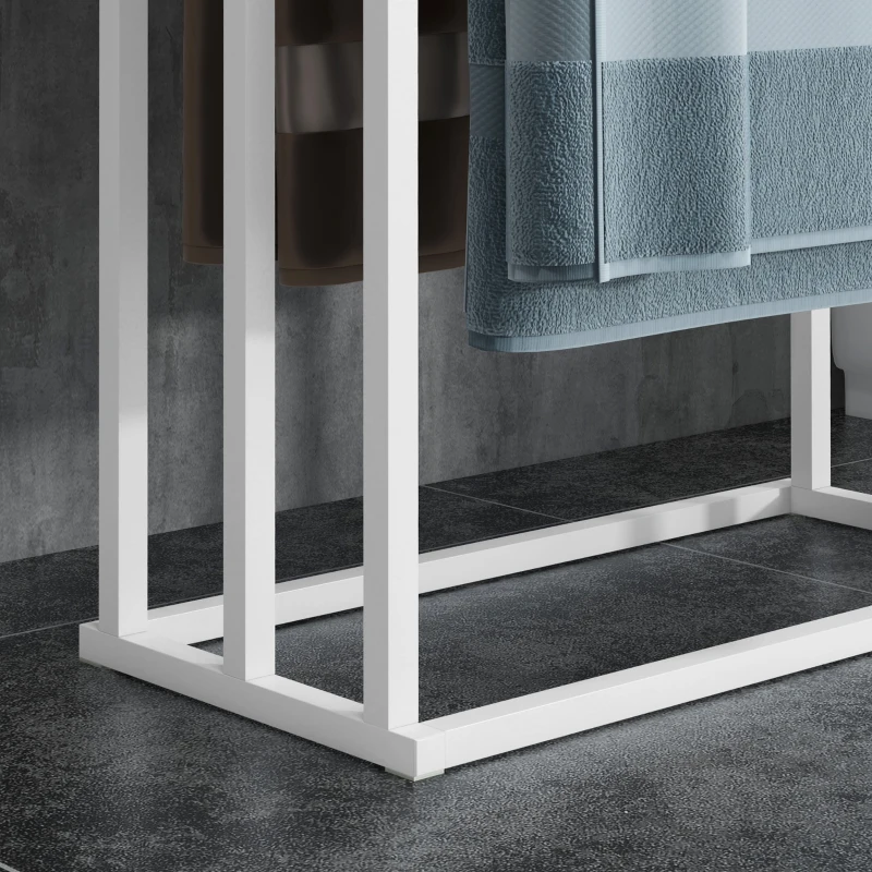 kleankin Toalheiro de Pé de 3 Níveis em Forma de Escada com 3 Barras de Bambu e Estrutura de Aço 45x22,5x86 cm Branco e Madeira