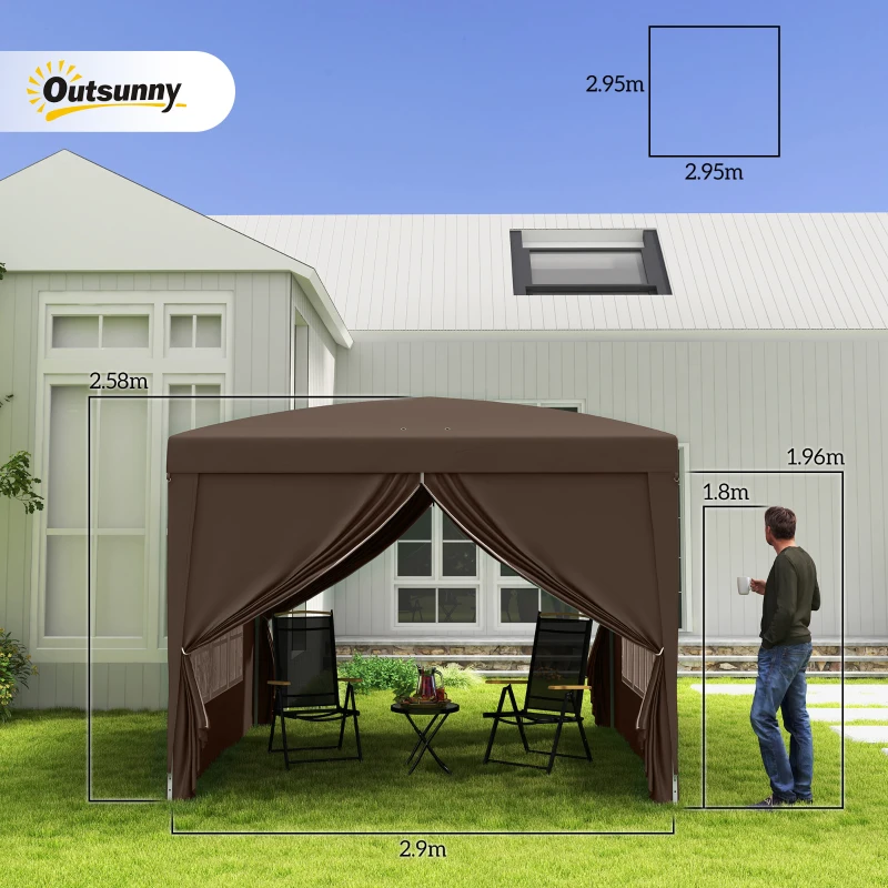Outsunny 3 x 3 m Pop Up Gazebo, Wedding Party Canopy Tent Marquee with Carry Bag and Windows, Coffee