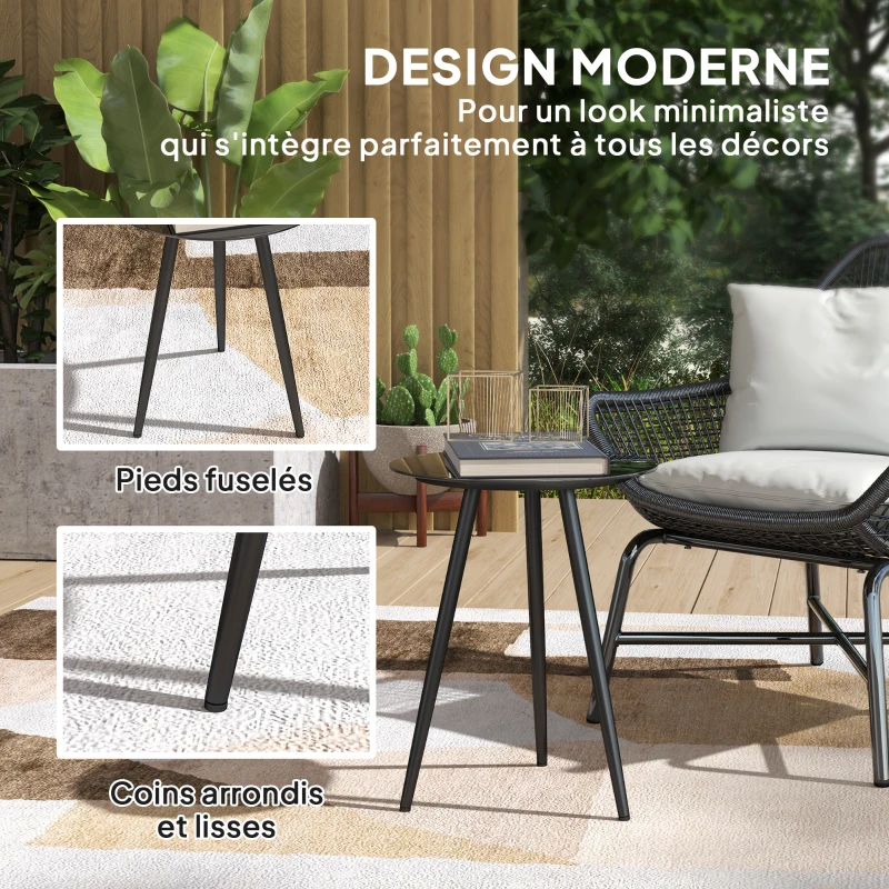 Outsunny Petite table basse ronde, table d'appoint, plateau en verre trempé, pieds effilés, cadre en acier, Ø 40 x 50 cm, noir