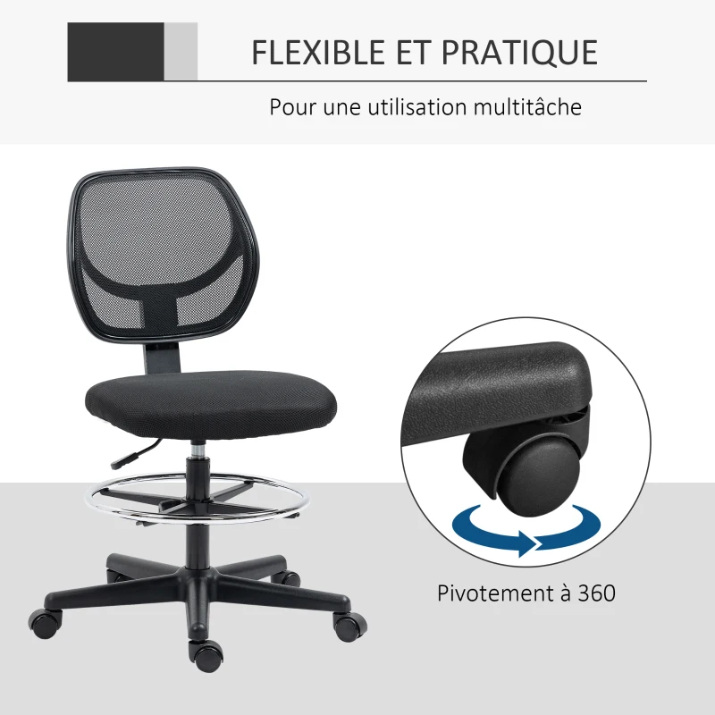 Vinsetto Chaise de bureau assise haute en maille hauteur réglable 50-70 cm avec repose-pied pivotant 360° noir