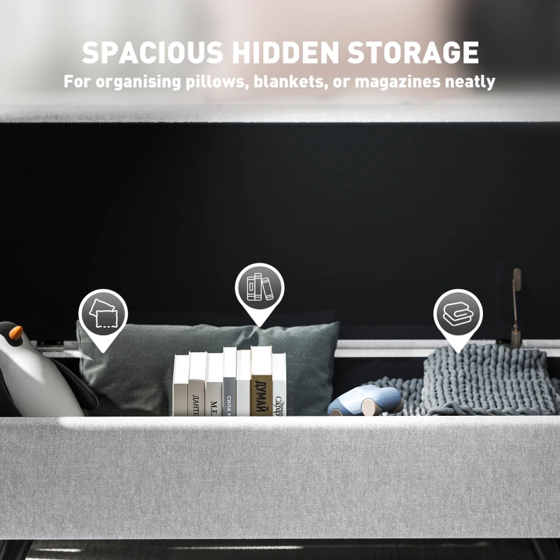 HOMCOM Storage Ottoman with Armrest, Upholstered Linen Storage Bench, Window Seat with Rubberwood Legs, Footstool for Bedroom Living Room, Hallway, Light Grey