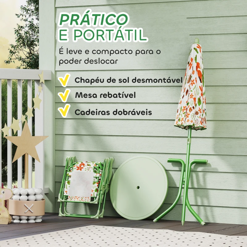 AIYAPLAY Conjunto de Mesa e Cadeiras para Crianças de Jardim com Cadeiras Dobráveis Chapéu de Sol Ajustável e Desenho de Raposas Verde