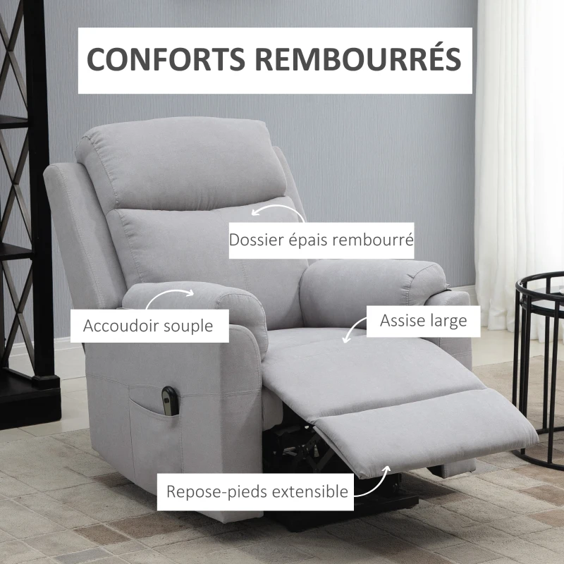 HOMCOM Fauteuil releveur électrique, fauteuil relax électrique avec repose-pied, dossier inclinable, télécommande et poche latérale charge 120kg tissu aspect lin gris clair(m-4)