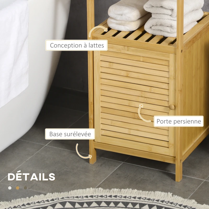 kleankin Meuble de rangement pour salle de bain en bambou 2 étagères et 1 placard avec porte 33 x 36,5 x 67 cm naturel
