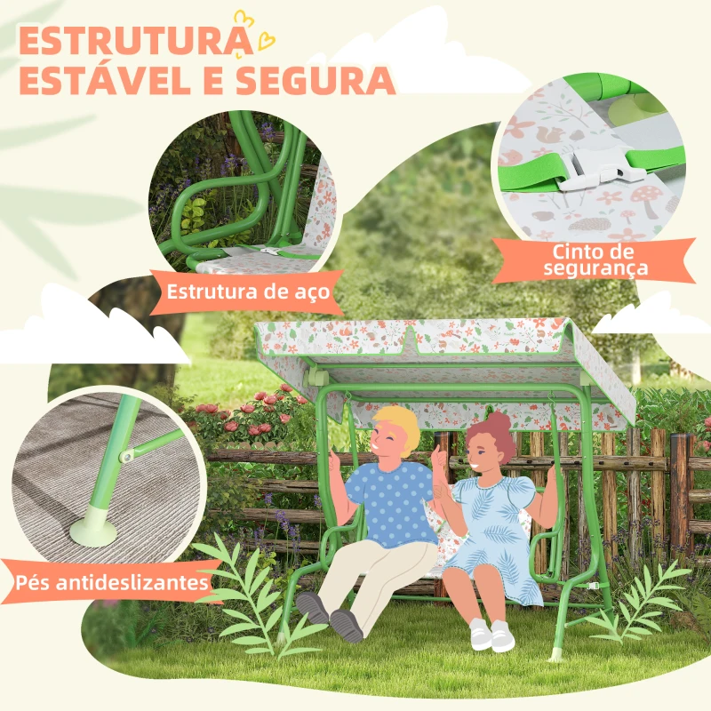 AIYAPLAY Baloiço de Jardim para Crianças com 2 Lugares Toldo Ajustável Cinto de Segurança e Desenho de Borboletas 112x75x120 cm Verde