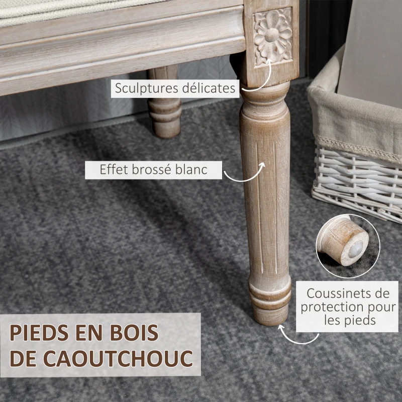 HOMCOM Banc bout de lit en forme demi-lune style Louis XVI structure en bois massif sculpté siège en tissu aspect lin crème