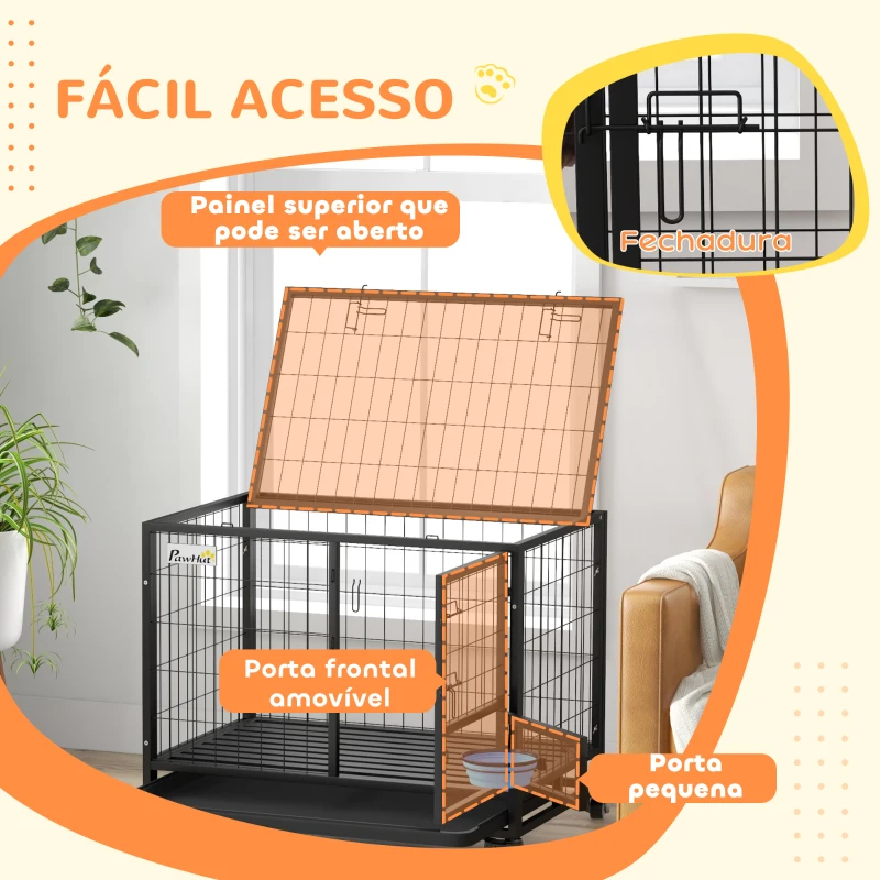 PawHut Gaiola para Cães com Parte Superior Rebatível Suporte de Tigelas Bandeja Amovível Rodas e Porta Dupla 92x62x73 cm Preto