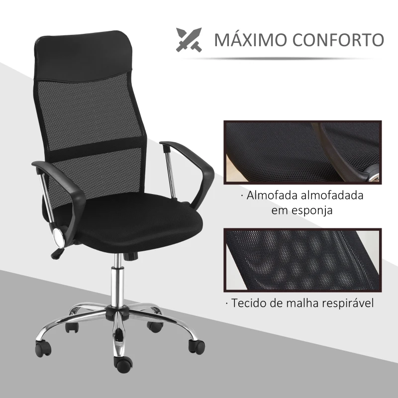 HOMCOM Cadeira de Escritório  de Tecido de Malha Encosto para a Cabeça de PU  Carga de 120 kg Preto