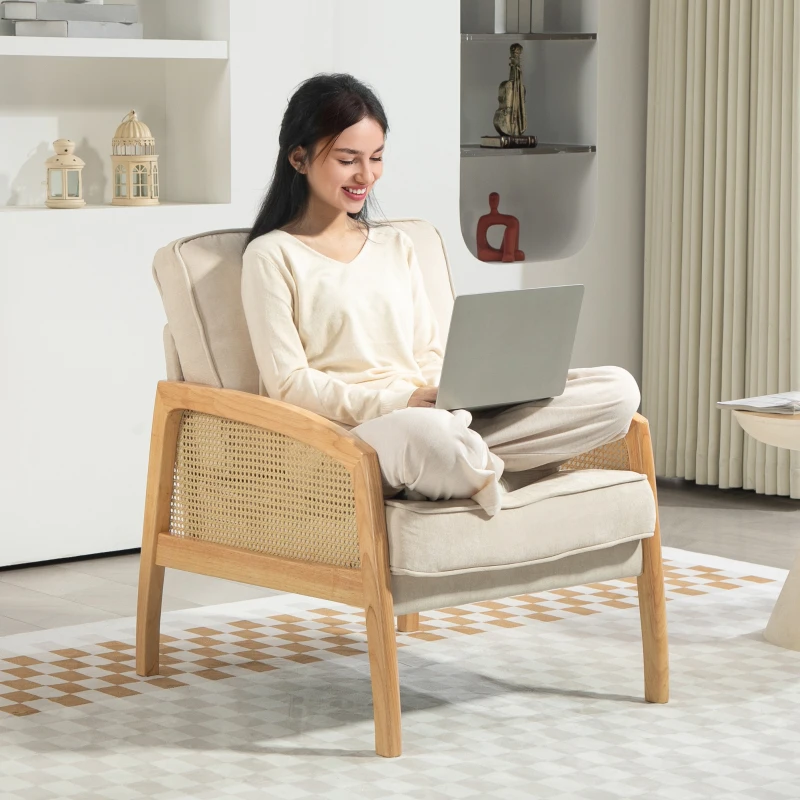 HOMCOM Poltrona Sala de Estar Moderna com Apoio para os Braços em Vime e Pés de Madeira para Escritório 67x75x88 cm Bege