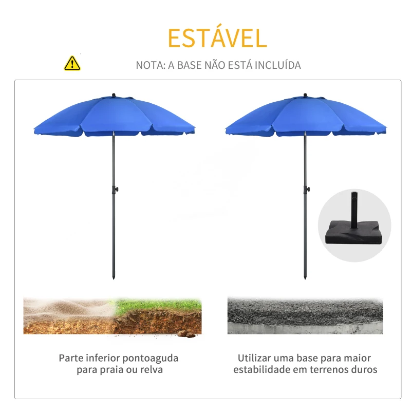 Outsunny Chapéu de Sol de Praia Grande Ø180 cm Chapéu de Sol de Exterior com Ângulo Ajustável Proteção UV50+ Mastro de Ø32 mm Azul