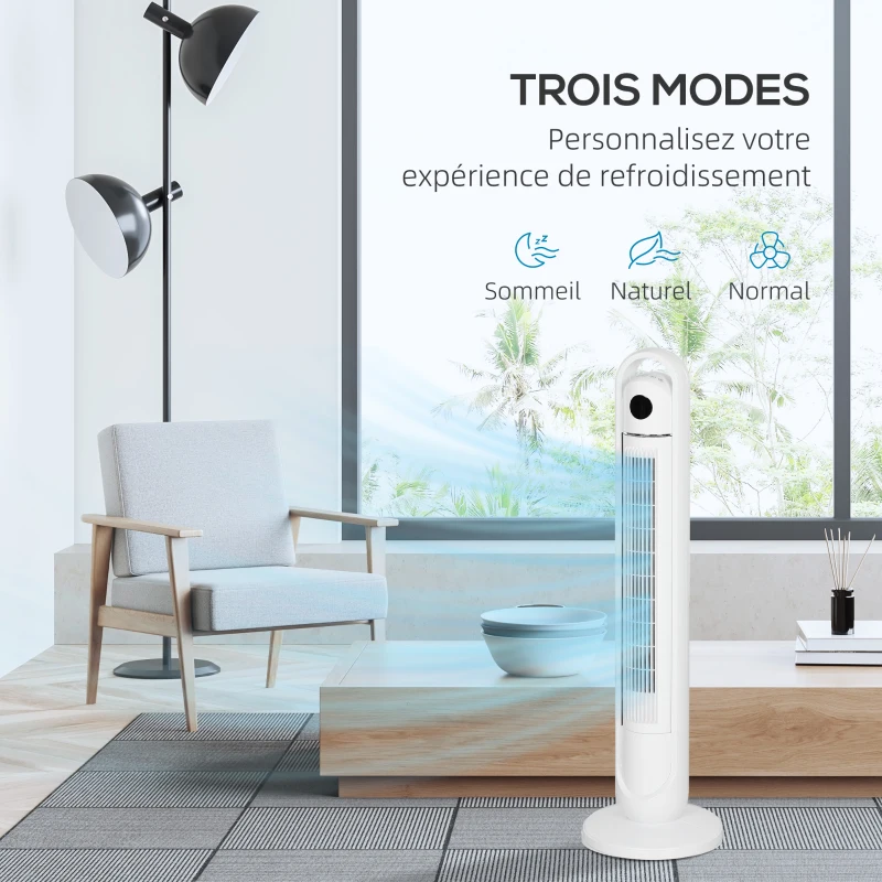 HOMCOM Ventilateur colonne 55W 3 vitesses, télécommande, minuterie 24h, oscillant, mode veille, blanc