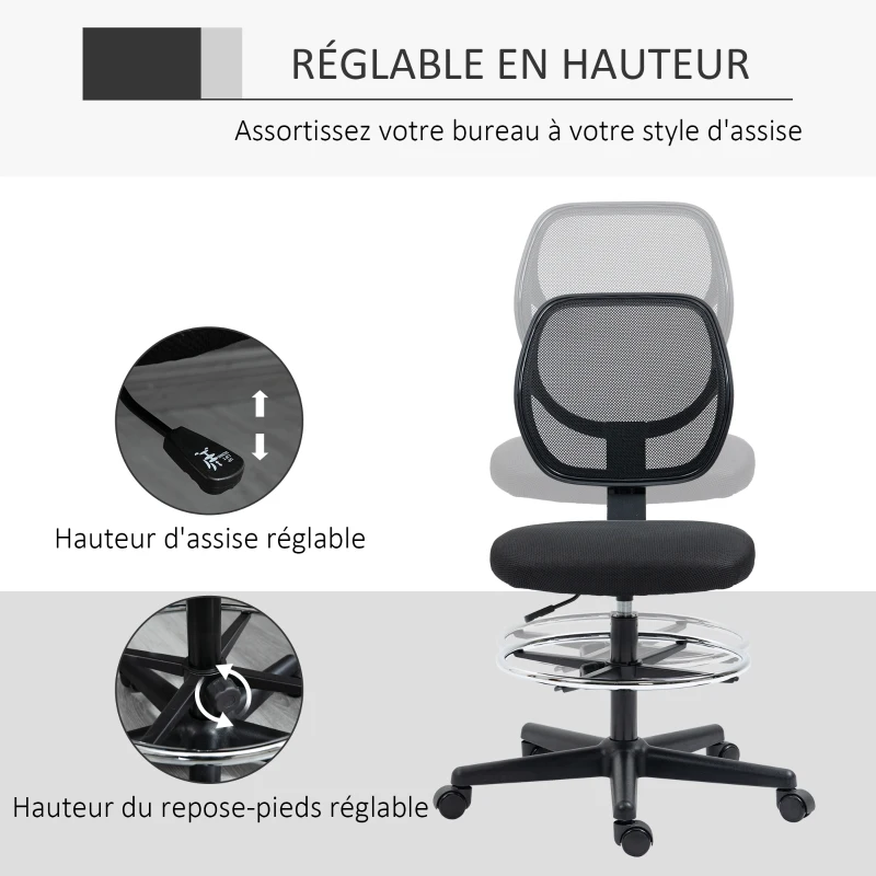 Vinsetto Chaise de bureau assise haute en maille hauteur réglable 50-70 cm avec repose-pied pivotant 360° noir