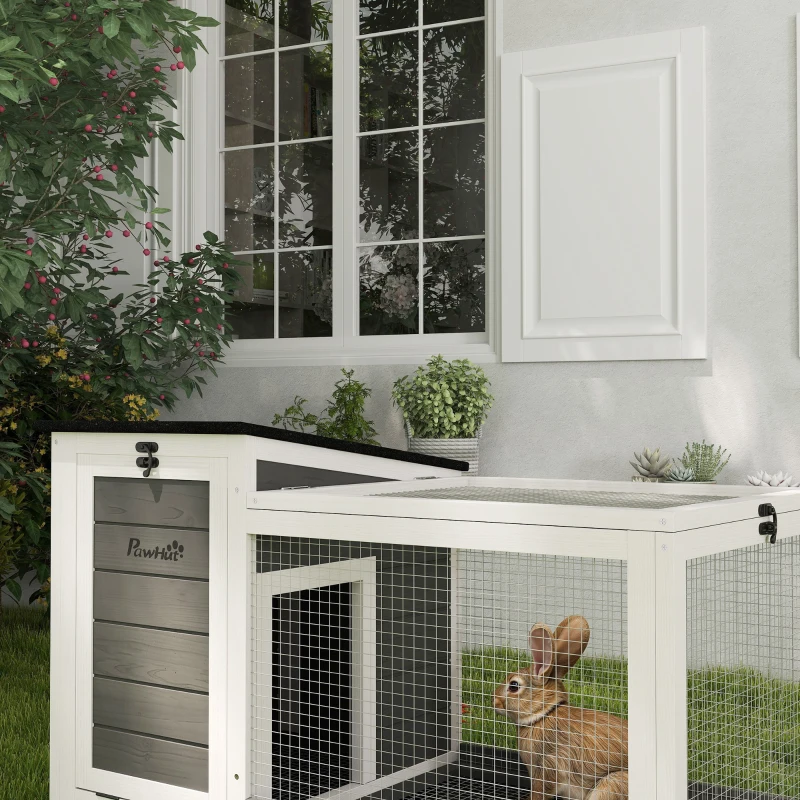 PawHut Coelheira de Madeira com Rodas Gaiola para Coelhos com Teto Asfaltico e Bandeja Amovível  91x51x66 cm Branco e Cinza Escuro