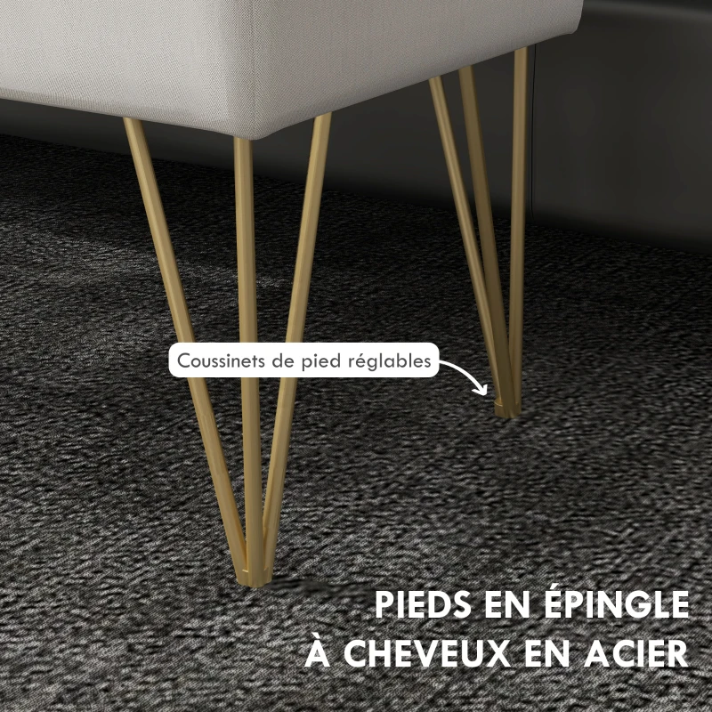 HOMCOM Banc banquette coffre de rangement 2 en 1 en tissu avec pieds épingle en acier doré 100 x 40 x 49 cm crème