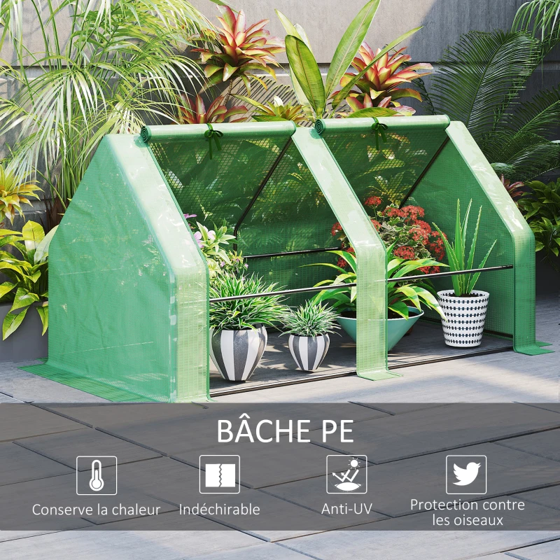 Outsunny Mini Serre de Jardin mini serre tunnel 180L x 90l x 90H cm toit pointu Acier PE Haute densité 140 g/m² Anti-UV 2 fenêtres avec Zip enroulables Vert