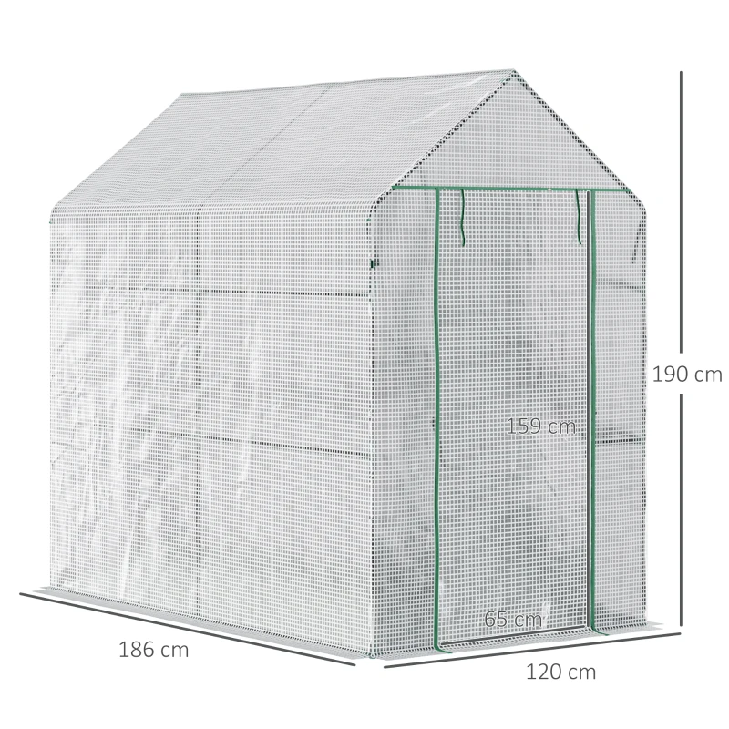 Outsunny Serre de jardin PE avec étagère 2 niveaux, serre de balcon, bâche renforcée 140 g/m², châssis en acier, porte zippée enroulable, pour légumes plantes fleurs, 186 x 120 x 190 cm, blanc