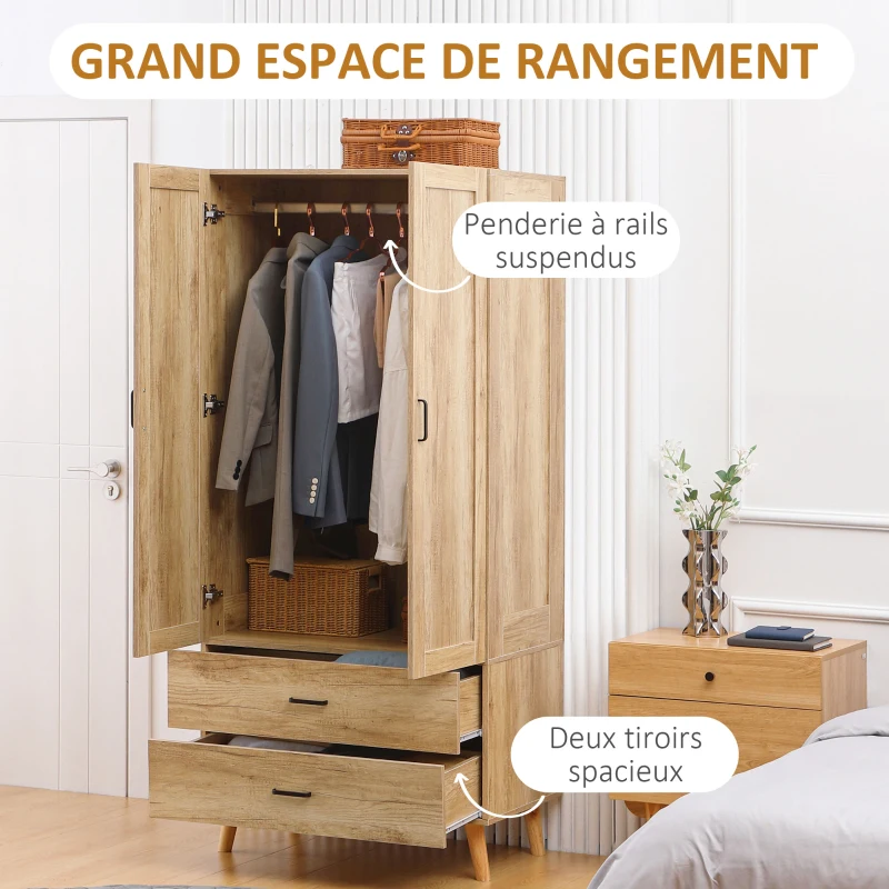HOMCOM Armoire à vêtements armoire de rangement 2 portes et 2 tiroirs avec tringle - 80 x 54 x 180 cm
